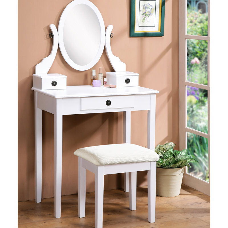 Coiffeuse chic en bois blanc avec tabouret avec 3 tiroirs de rangement, Blanc