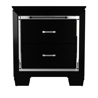 Table de chevet glamour noire avec façade texturée en faux alligator et 2 compartiments de tiroir modernes, glissières à roulement