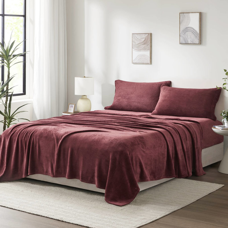 Drap-housse 4 pièces bourgogne - 100%, doux et apaisant, brossé deux fois pour un éclat de velours, livré avec un drap plat, 2 taies d'oreiller