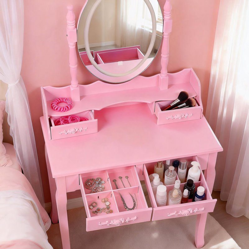 Vanity Desk Set With LED Light Mirror And Cushioned Stool For Bedroom, Pink