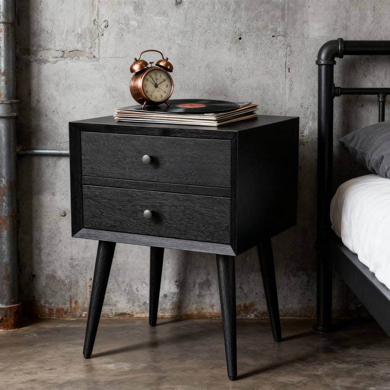 Mid-Century Modern Nightstand With 2 Drawers, Solid Acacia Wood Bedside Table With Splayed Legs For Bedroom, Living Room, And Small Spaces