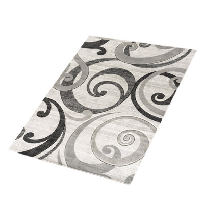 Modern Hand-Carved Swirl Area Rug In Silver Grey Soft Plush Glam Collection