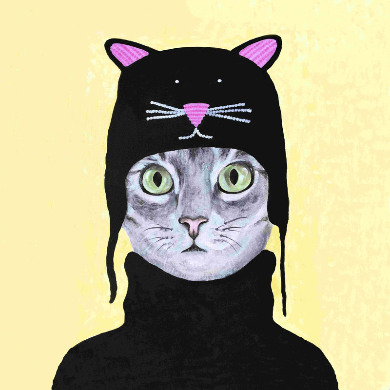Chat avec chapeau de chat - Peinture, H 12 po x l 12 po, Non, Toile tendue