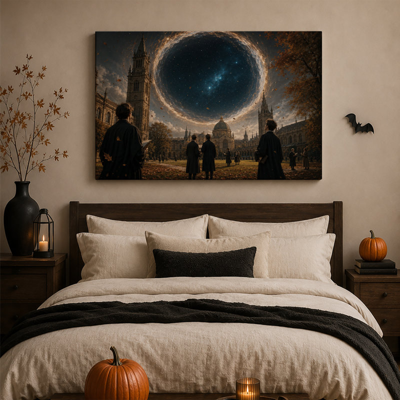 Tableau mural sur toile gothique automnale représentant un tourbillon d'étoiles bleu foncé au-dessus d'une toile représentant un vortex d'étoiles bleu foncé sur fond d'Halloween.
