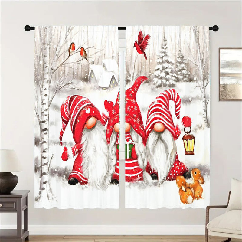 Christmas Gnome Curtains Winter Wonderland Design - Red White Holiday Decor with Snowy Forest Background Rod Pocket Top, Polyester Microfiber, Light Filtering Privacy for Living Room, Bedroom, Kitchen
