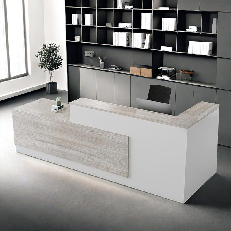 L-Shaped Reception Desk with Lockable Drawers, Computer Desk, and Storage Shelves/Front Desk, 41.33" H x 94.5" W x 39.37" D