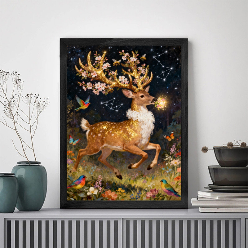 Cadre noir cerf céleste floral art mural fantaisiste Boho, H 17 po x l 13 po