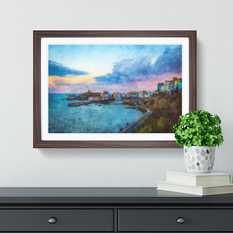 Tenby Harbour in Pembrokeshire Wales - Picture Frame Painting Print on MDF, 62cm H x 87cm W x 2cm D, Walnut