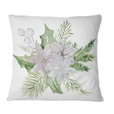 Christmas Floral Bouquet With Cotton, Branches I - Traditional Printed Throw Pillow
