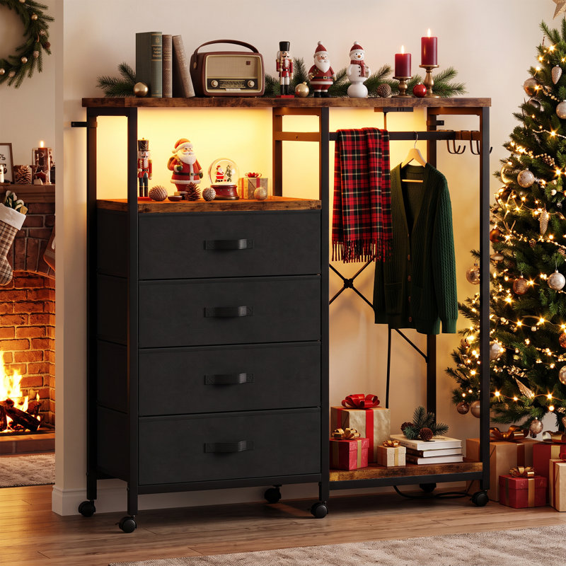 Commode 4 tiroirs avec support à vêtements et station de charge Lumina, Brun rustique