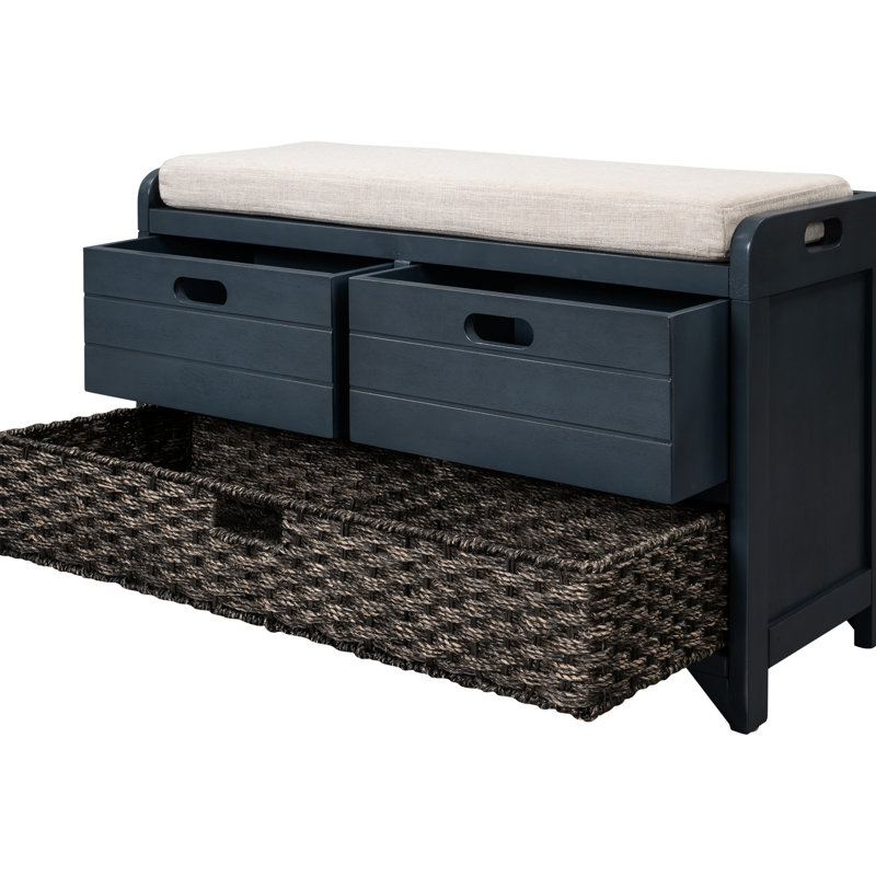 Banc de rangement avec 2 tiroirs bien rangés et bac amovible de couleur marine