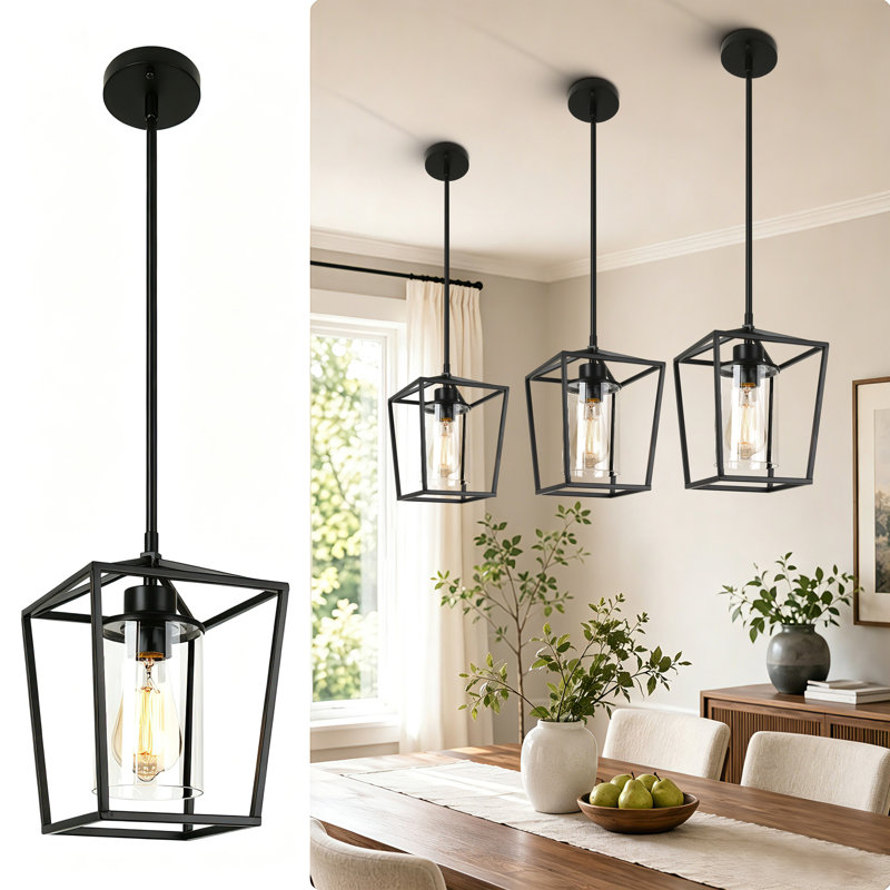 1-Light Black Lantern Pendant With Glass Shade