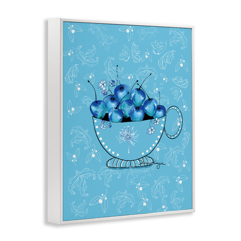 «Blue Cherries Teacup on Florals», estampe numérique, design par Susan Lugar, H 30 po x l 24 po