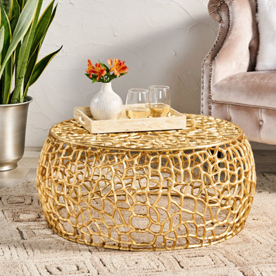 Curved Mesh Coffee Table, Handcrafted With Aluminum And Gold Decoration, 27.31X27.31X12.76 Gorgeous Handmade Design Frame, Finish, 27.31W X 27.31D 12.76H