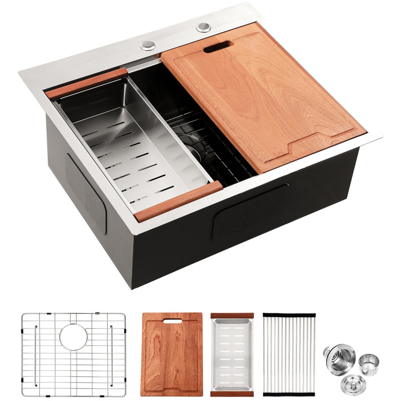 Stainless Steel Kitchen Sink 25 Inch Drop-In, 16 Gauge, Rust- Coating, Brushed Nickel, Workstation 25"X22" Drop-In Sink, Edge Design, Basin