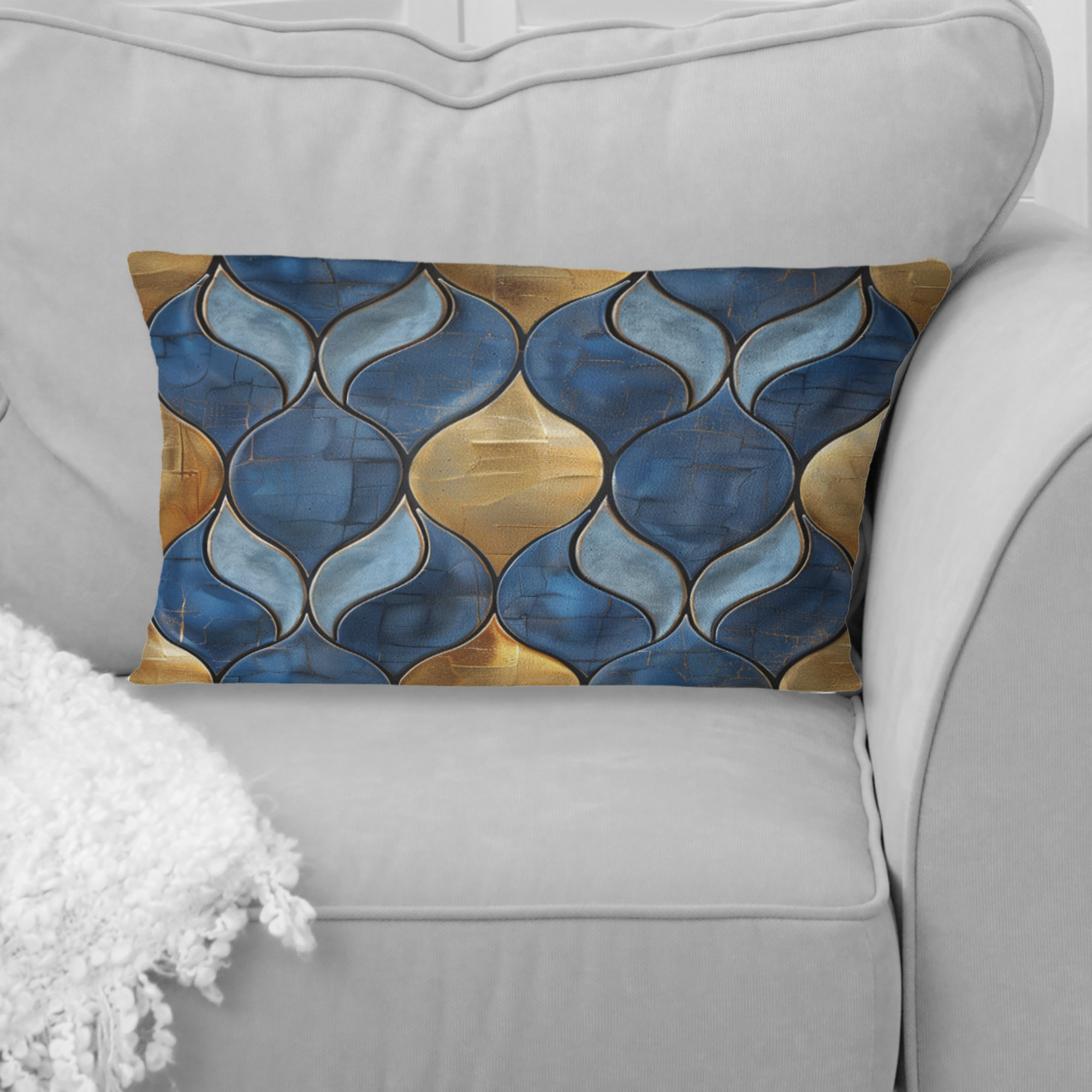 Design Art Blue Gold Ogee Patten II - Modern Lumbar Pillow | Wayfair