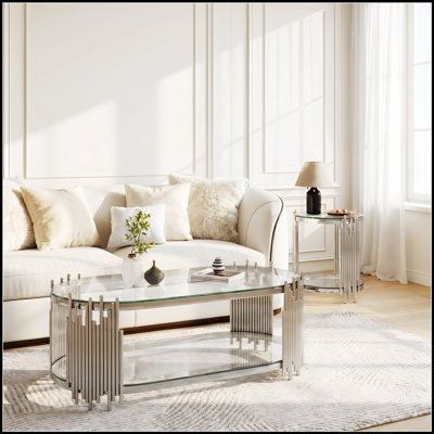 Ensemble de tables basses et tables d'appoint Modern Luxury, 2 tables gigognes ovales en verre avec tiges verticales en métal et finition chrome poli pour le bureau du salon