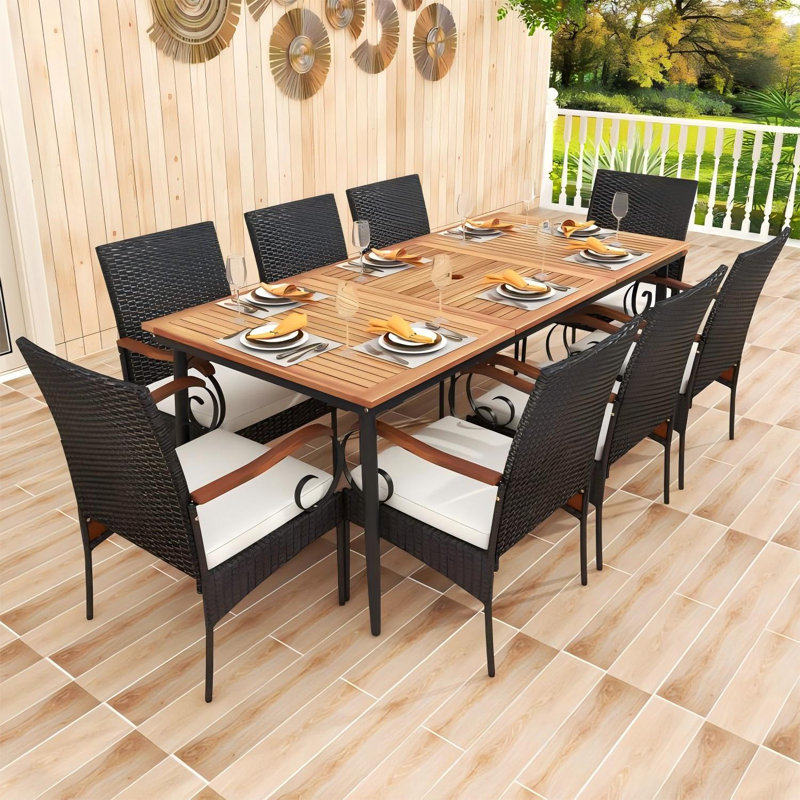 9 Pcs Patio Dining Table Chair Set, 79 In. L Dining Table With Umbrella Hole
