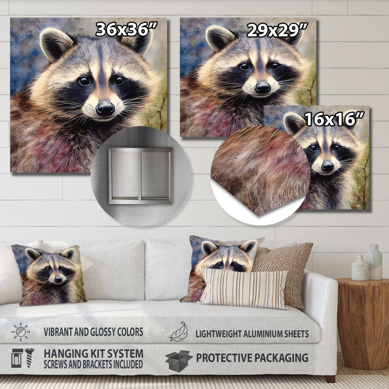 Racoon Wanderer II - animaux, reproduction d'art en métal, H 16 po x l 16 po x P 1 po