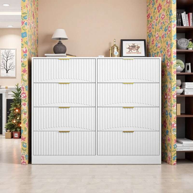 8-Drawer Wide Wood Dresser Storage Chest 47.2 Bedroom Organizer With Metal Handles, White