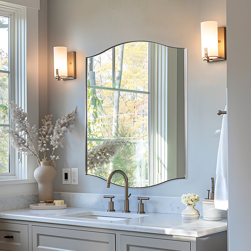 Dual Arch Scalloped Rectangular Bathroom Wall Mirror | Stainless Steel Frame, 40" x 30", Polished Chrome