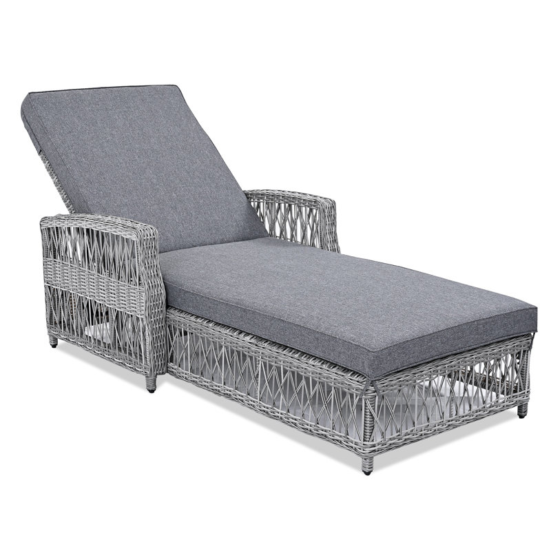 Outdoor Long Reclining Chaise, Wicker Lounge With Armrests, Patio Adjustable Recliner With Soft Removable Cushions, All Weather Rattan Pool Lounge For Poolside & Garden