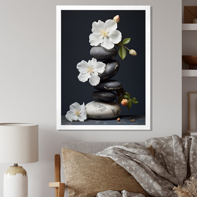 Décoration murale zen sérénité fleurs blanches pierre noire Cairn I - Pierre spirituelle, H 32 po x l 16 po x P 1 po