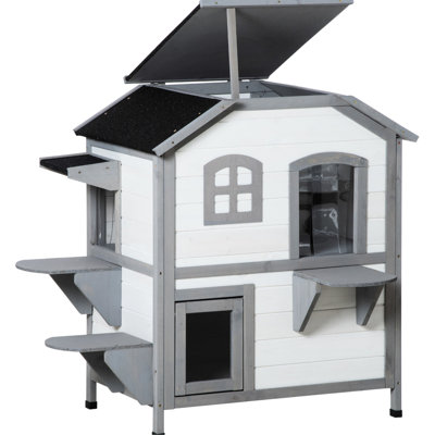 Maison pour chat d'extérieur de 2 étages - Enclos en bois avec trappe d'évacuation pour chats, toit ouvert, plateformes de saut, porte blanche, ouvrable
