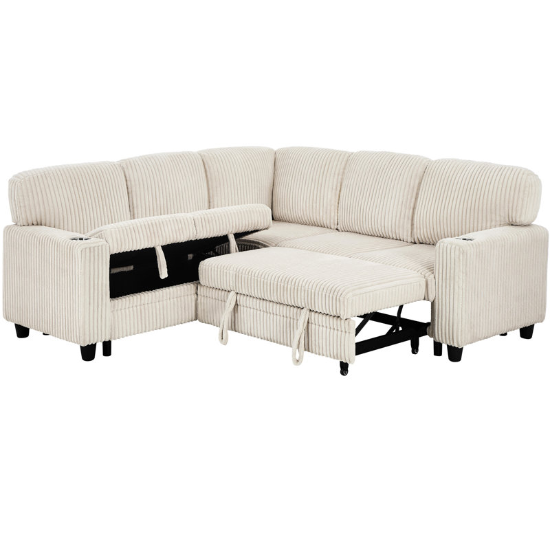 Lit en forme de L beige en velours côtelé avec lit escamotable, rangement caché et charge pour les invités qui passent la nuit