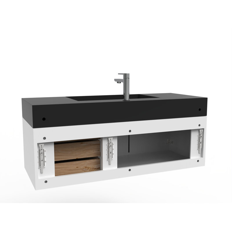 Meuble-lavabo mural simple 48 po avec comptoir à surface solide - base blanche, plateau noir, poignées noires, Noir, Blanc
