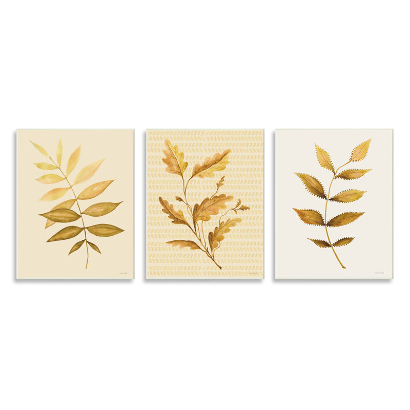 Cindy Jacobs, motif à rayures naturelles à motif de feuilles de plantes dorées rétro, Plaque murale, H 10 po x l 15 po