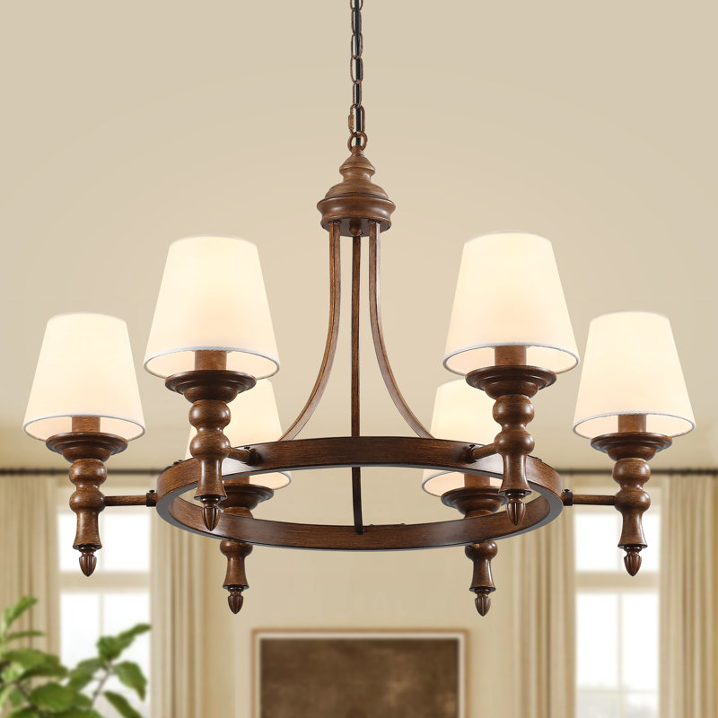 6 Light Classic Farmhouse Wagon Wheel Chandelier With White Shade For Dining Room & Living Room - Dimmable Lighting, Brown