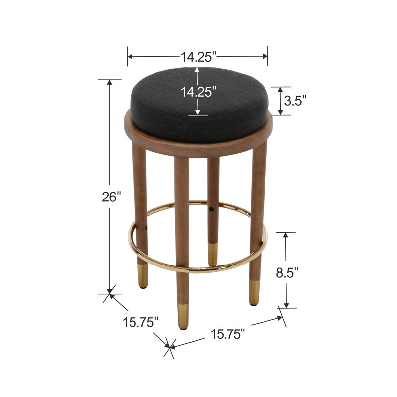 Modern Upholstered Bar Stool Without Backrest With Gold Ring Stirrups, Linen - Charcoal Seat/ Brown Frame