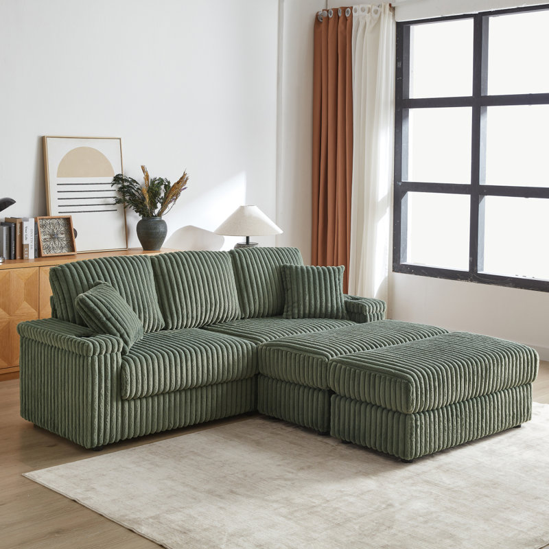 Green Corduroy 84-Inch Sofa with Ottoman and Wood Frame