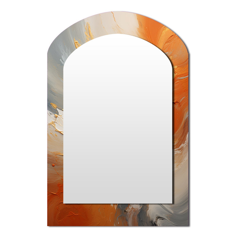 Golden Orange Surge - Abstract Spirals Asymmetrical Mirror, Gold Arch Unique Wall Mirror, Printed Metal Art, 43" x 33"