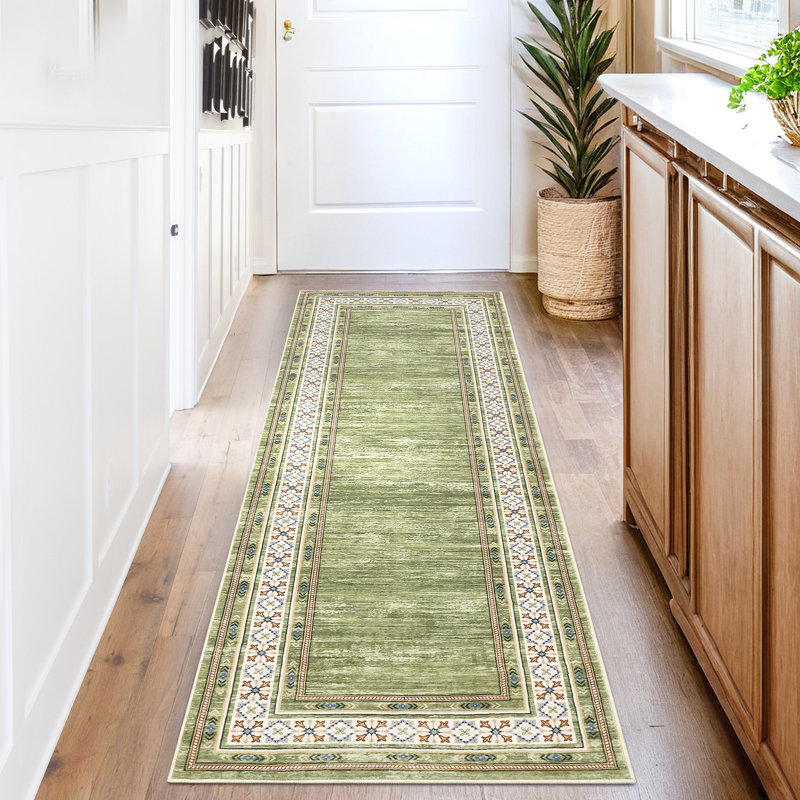 Tapis moderne lavable à la machine avec envers en caoutchouc, Vert, 2 x 6 pi