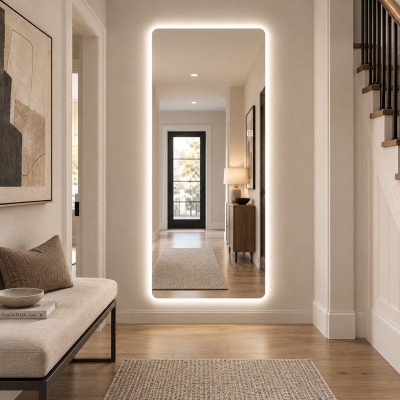 Miroir pleine longueur à DEL sans cadre avec 3 lumières à intensité variable de couleur, verre incassable sans cuivre de 5 mm