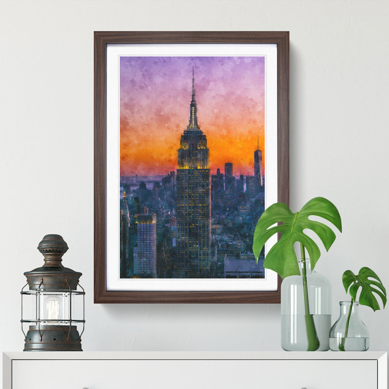 Empire State Building Sunset Framed Print, 33cm H x 24cm W x 2cm D, Walnut Framed