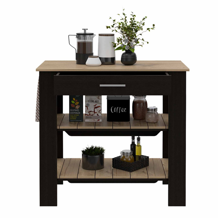 Behling Solid Butcher Block Kitchen Island with Baskets and Storage Shelf