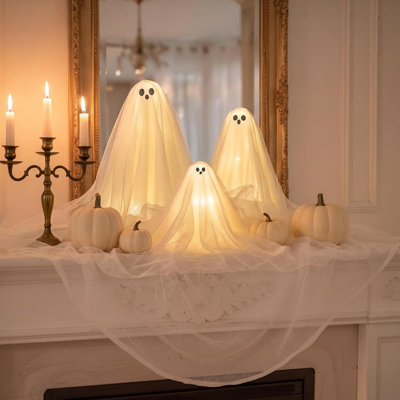 3 Pcs Halloween Decorations Light Ghost Table Decor LED Ghost Lamp | White Lighted Table Centerpiece, Wooden Base, Spooky Tabletop Lamp, for Indoor Halloween Party, Mantel Shelf, Home Decor