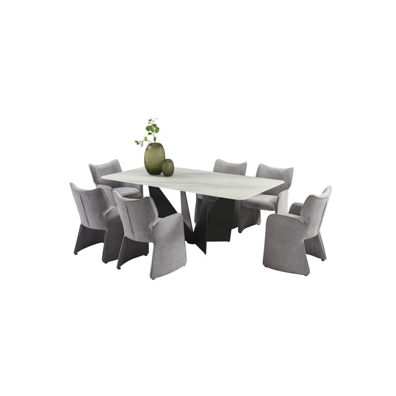 Arguelles Modern 7-Piece Dining Set With Upholstered Chairs And Tempered Glass Tabletop, Gray