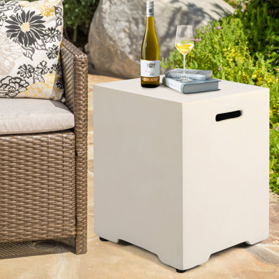 Black Square Propane Tank Cover Table – 20 lb Outdoor Concrete Hideaway with Side Handle for Patio or Deck