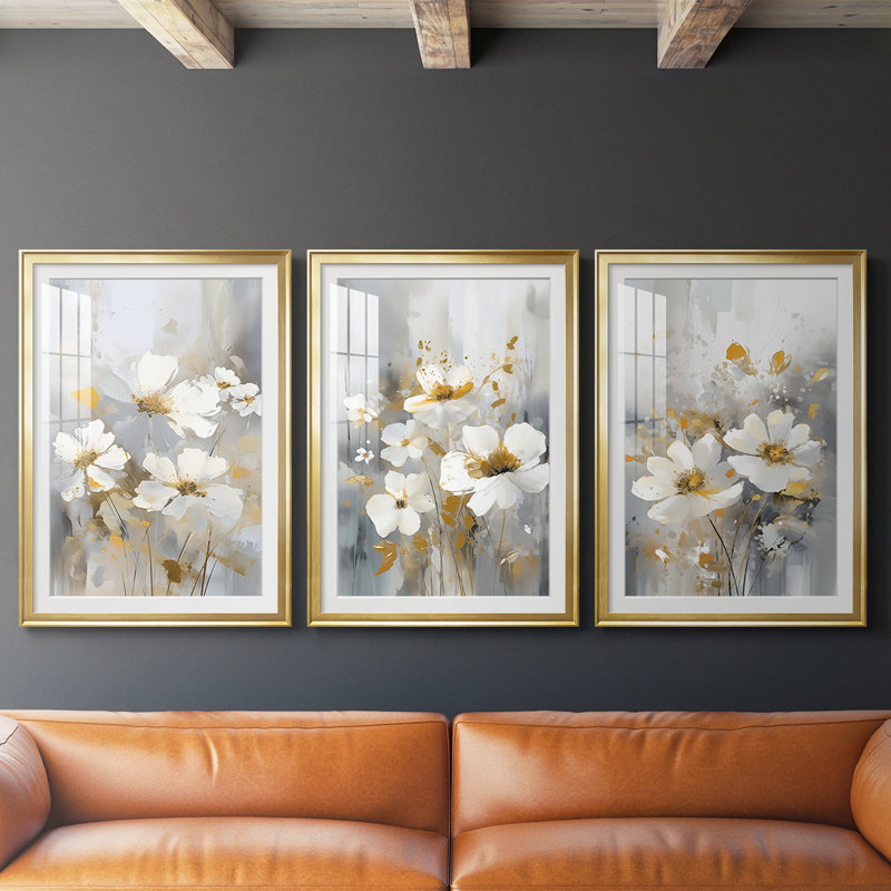 FLORAL Series CDxxv - impression encadrée sur mesure de qualité supérieure - 3 pièces, H 27 po x l 39 po, Doré