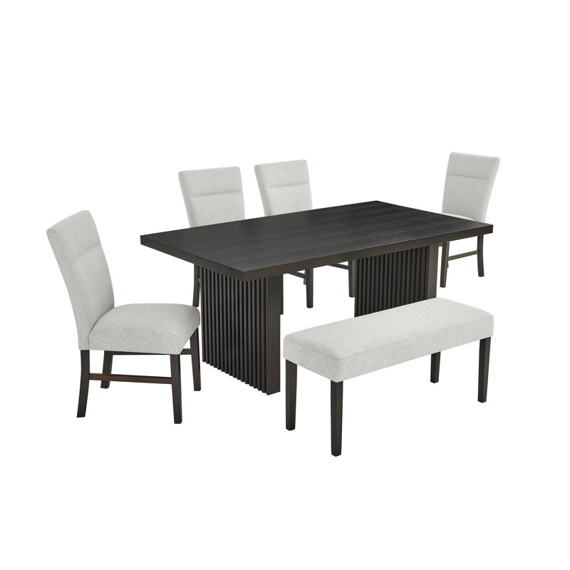 Ensemble de salle à manger 6 pièces en forme de lattes avec 4 fauteuils et banc, gris