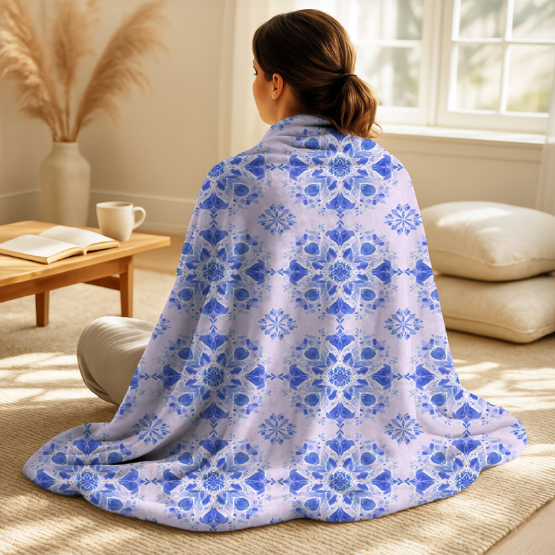 Jeté Boho Mandala III bleu et blanc, Blue Abstract