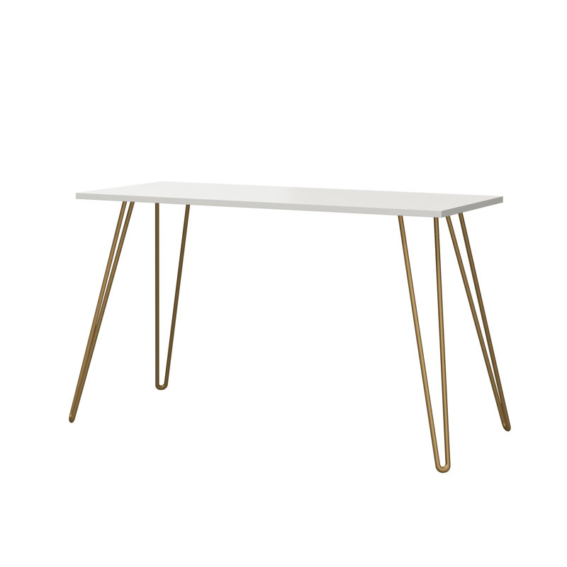 Owen Minimalist Writing Desk, 53.38 Inch Home Office Desk with Gold Metal Legs, White Wood Top Industrial Style Study Table for Small Spaces