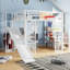 Lit mezzanine double en métal avec bureau intégré, garde-robe ouverte, panier de basketball, glissade et escalier