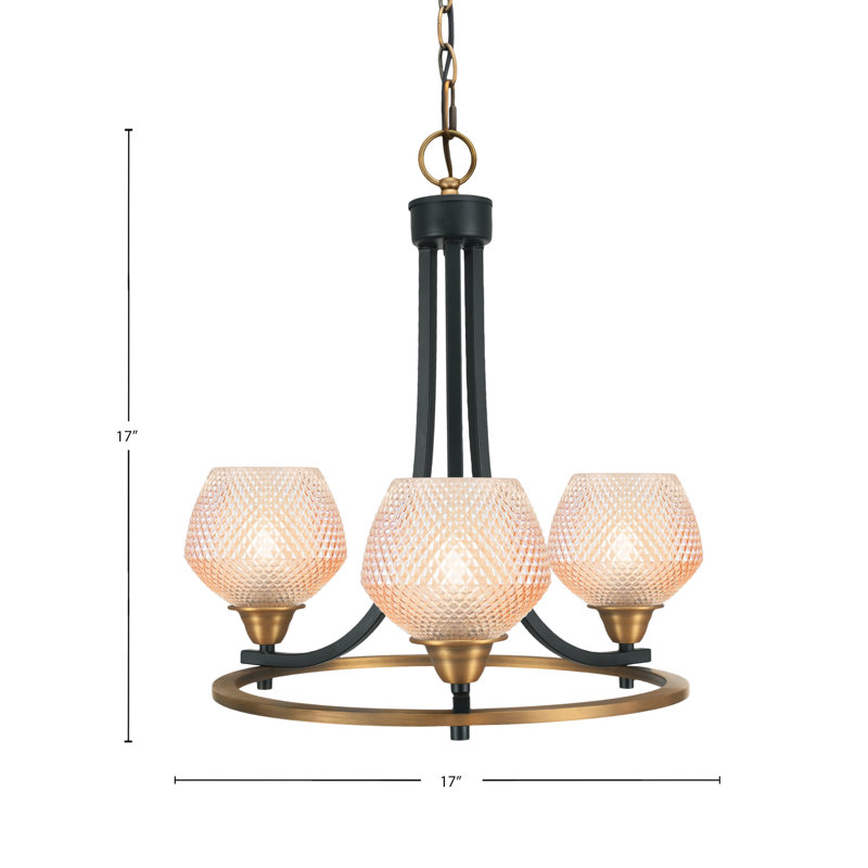 Lustre 3 lumières Waterville montré en noir mat et laiton vieilli avec verre texturé ambre de 6 po