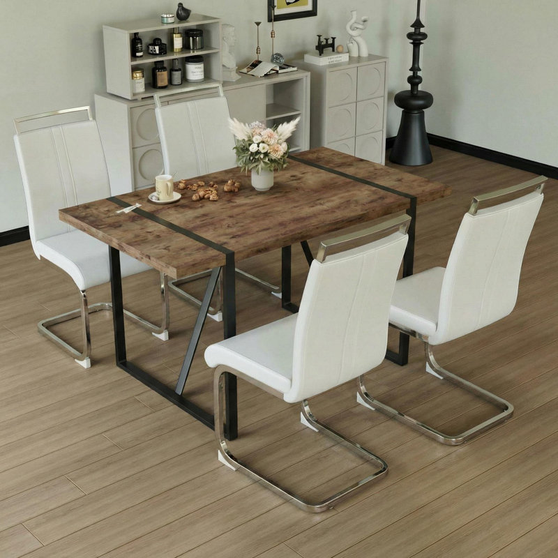Modern Farmhouse 5-piece Dining Set With Rectangular Table & 4 Pu Leather Chairs, White/Silver