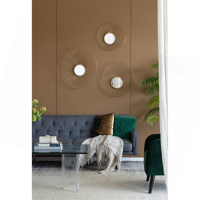 Exquis ensemble de 3 miroirs muraux abstraits avec cadres dorés pour la maison et le bureau